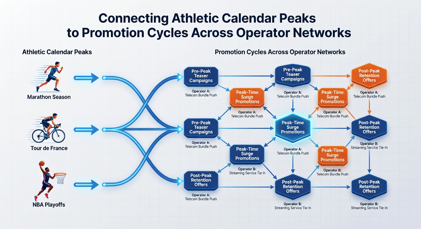 Global map illustrating operator networks and athletic event timing correlations in different regions