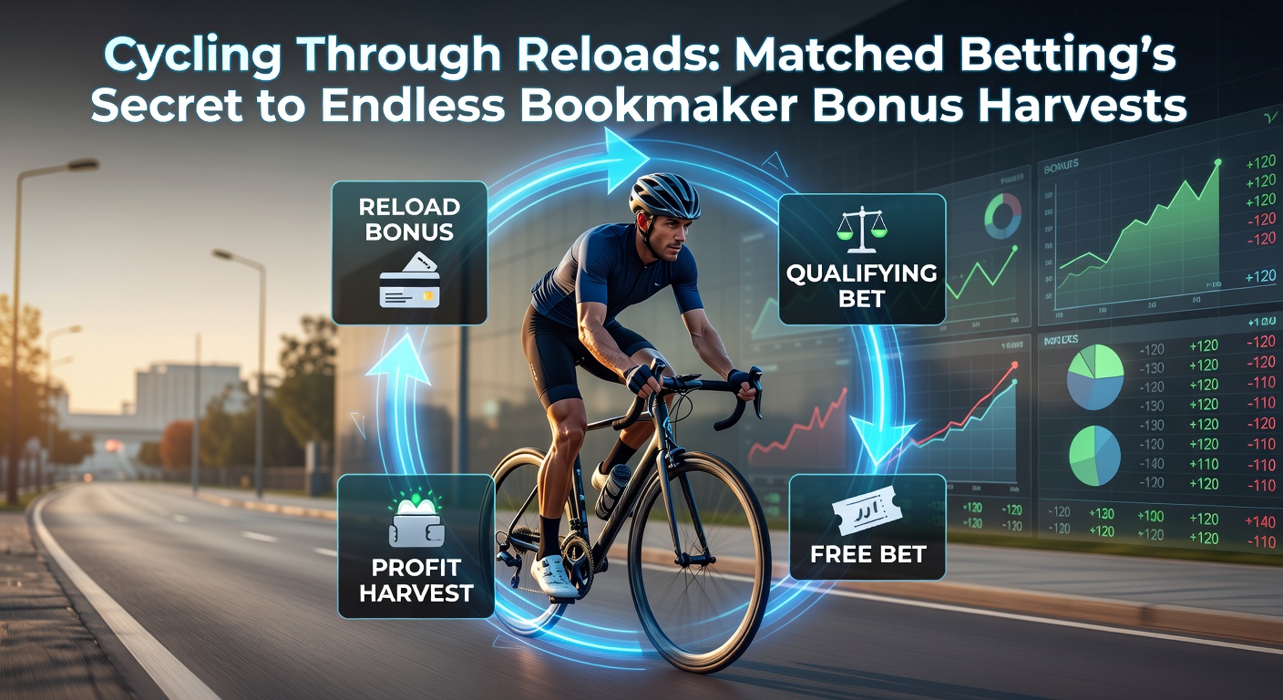 Diagram showing arrows looping between multiple bookmaker icons and a betting exchange, representing the reload cycling process in matched betting