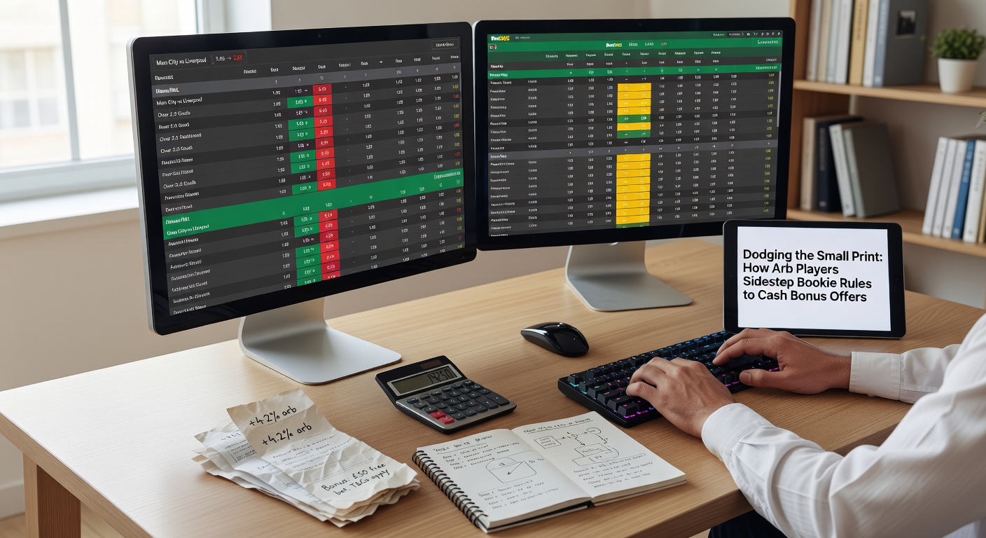 Close-up of a keyboard and mouse on a desk cluttered with bookmaker apps, charts of profit margins, and highlighted rule excerpts