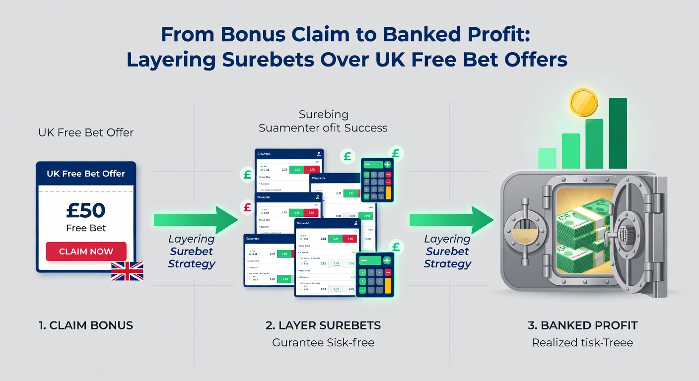 Step-by-step diagram of a layered surebet on a football match, showing free bet placement on over 2.5 goals at one bookie and cash bet on under at another, with profit calculations highlighted