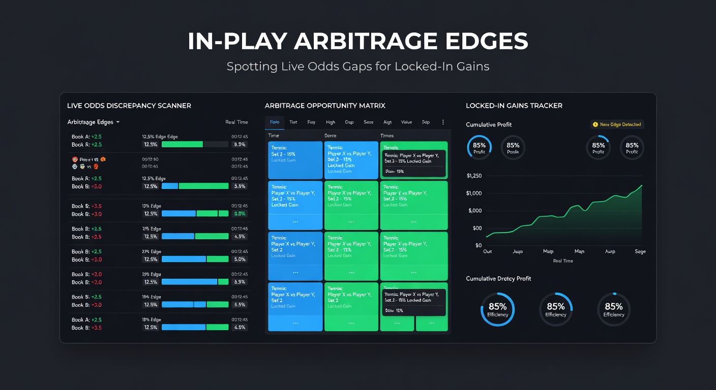 Software dashboard displaying real-time in-play arbitrage alerts with odds comparisons from various bookmakers during a live tennis rally