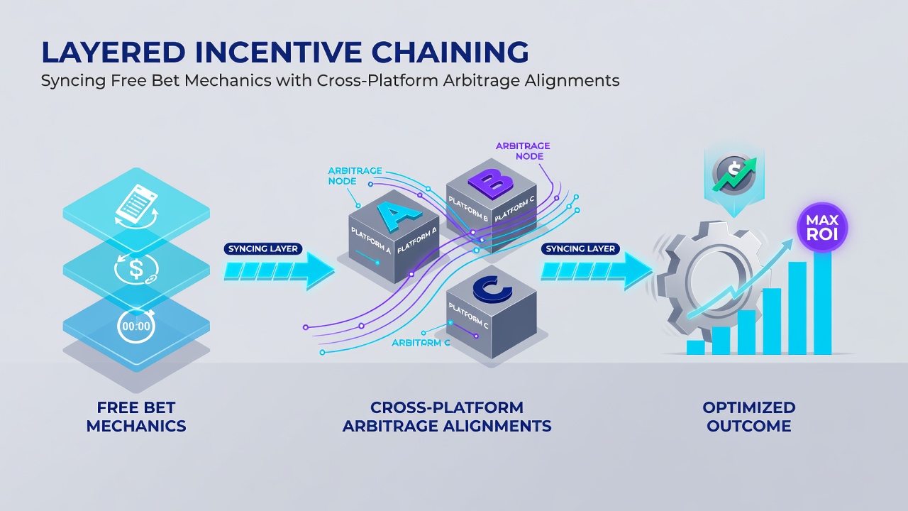 Diagram illustrating cross-platform arbitrage alignments with free bet layering sequences