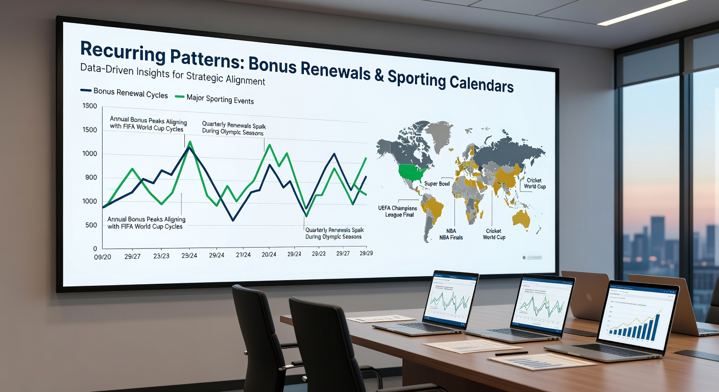 Timeline graphic illustrating bonus renewal frequency peaks relative to global sporting calendars from 2023 through 2026