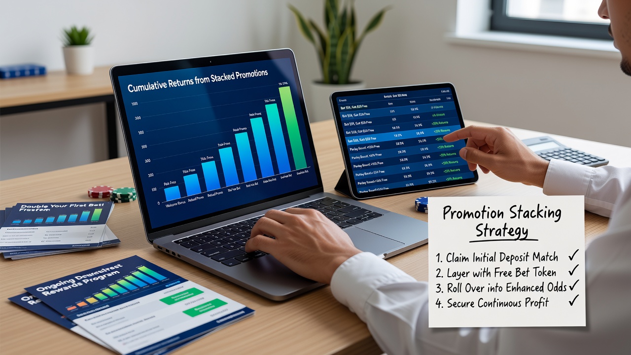 Detailed view of stacked betting promotions including deposit matches, free bets, and cashback offers displayed on a digital interface