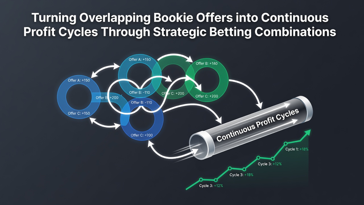 Flowchart of sequential betting steps across platforms with overlapping promotions and profit reinvestment loops
