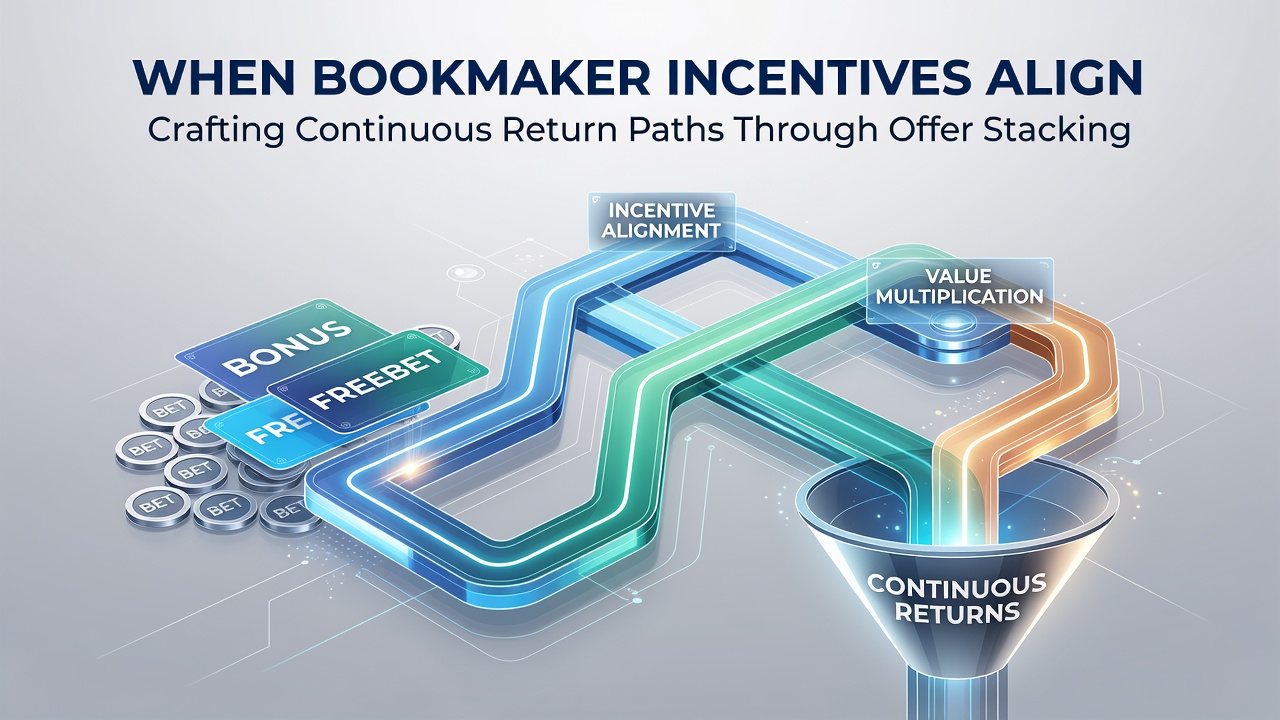 Flowchart illustrating stacked bookmaker offers and return path sequences